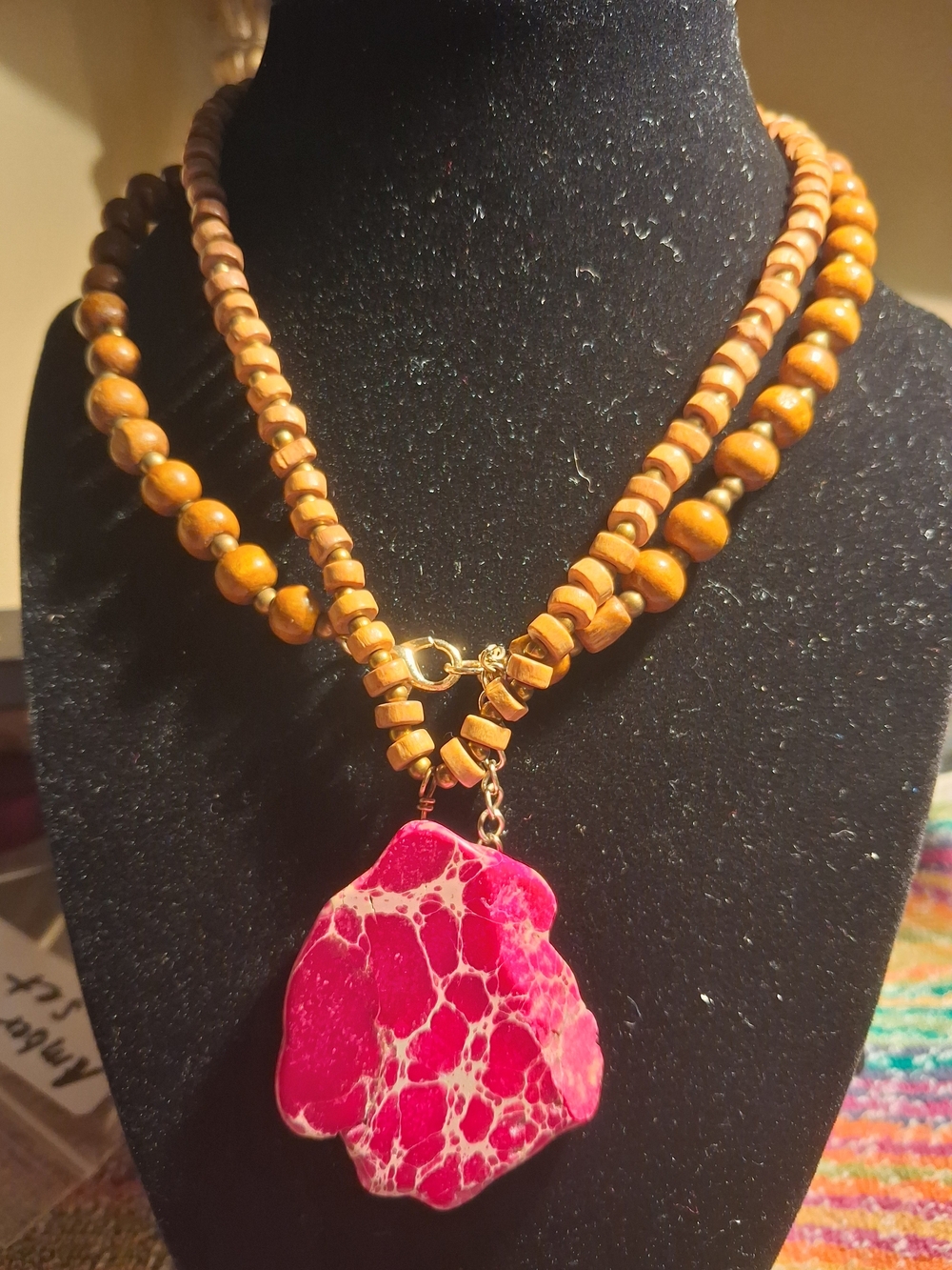 Handmade Brown Wood Bead Necklace with Pink Stone Pendant